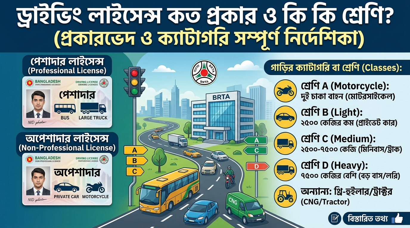 ড্রাইভিং লাইসেন্স কত প্রকার ও কি কি শ্রেণি রয়েছে