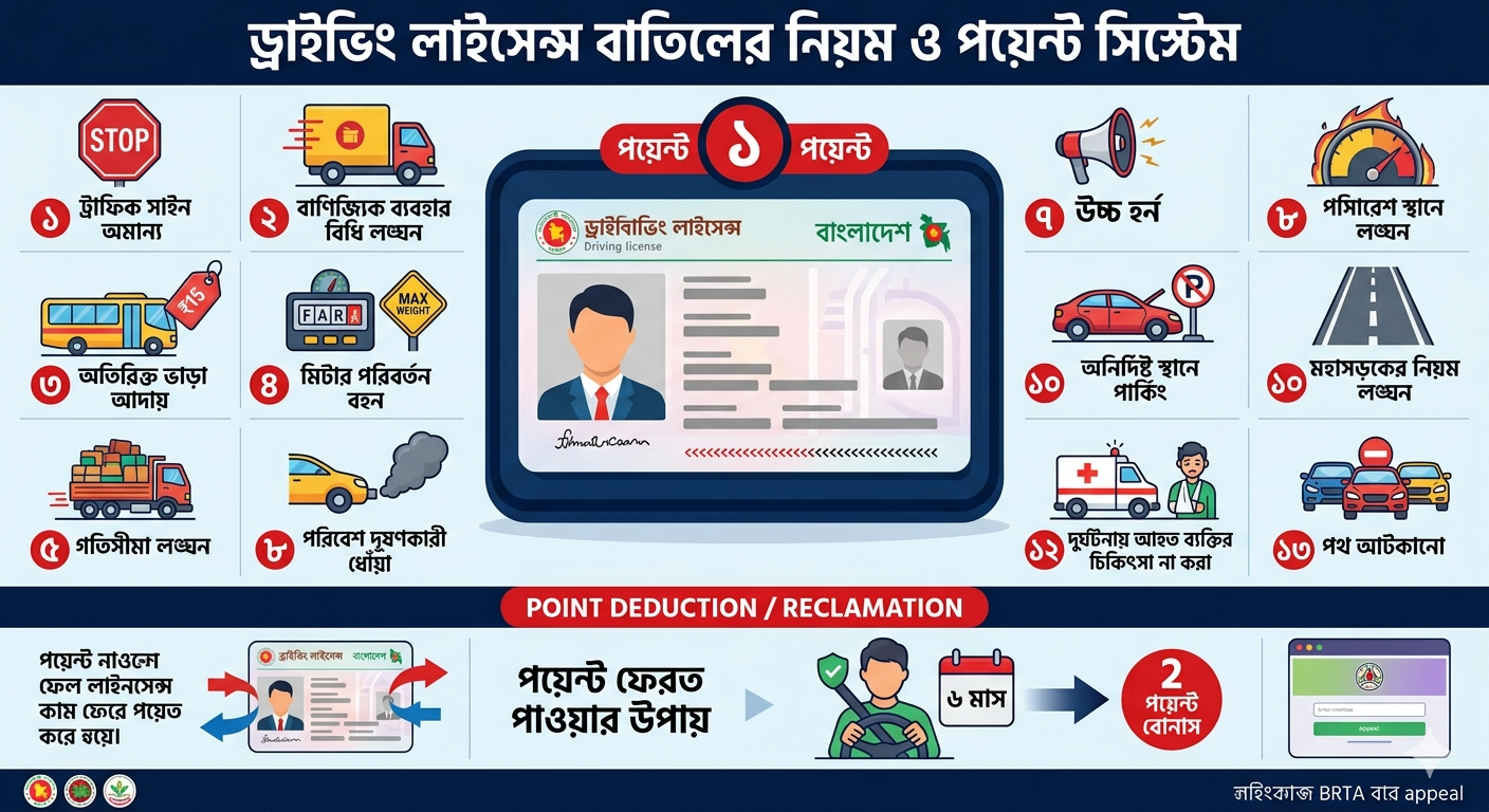 কি কি নিয়ম লঙ্ঘন করলে ড্রাইভিং লাইসেন্স বাতিল হবে বা পয়েন্ট কাটা হয়