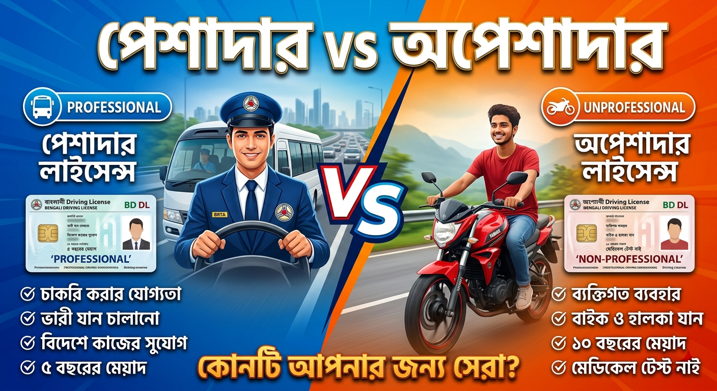 পেশাদার ও অপেশাদার ড্রাইভিং লাইসেন্স এর মধ্যে পার্থক্য